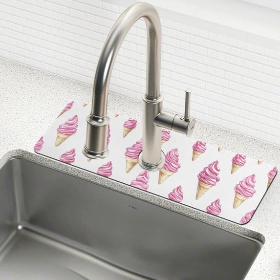 Yayeee Faucet Mat for Kitchen Sink 14.7" Diatomite Long Splash Guard Pad, Pink Cartoon Ice Cream