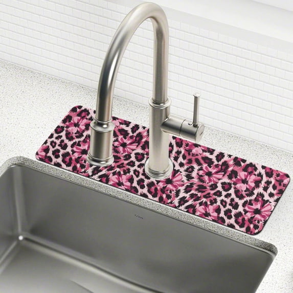 Yayeee Faucet Mat for Kitchen Sink 14.7" Diatomite Long Splash Guard Pad, Pink Floral Leopard Pattern