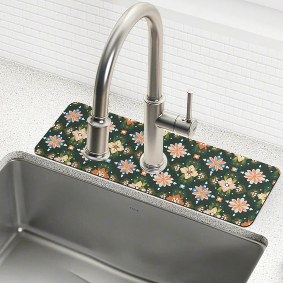 Yayeee Faucet Mat for Kitchen Sink 14.7" Diatomite Long Splash Guard Pad, Pink Geometric Flowers