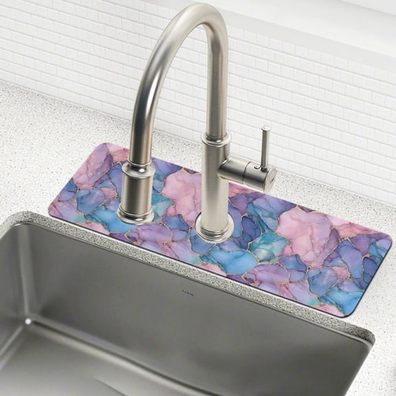 Yayeee Faucet Mat for Kitchen Sink 14.7" Diatomite Long Splash Guard Pad, Pink Marble Pattern