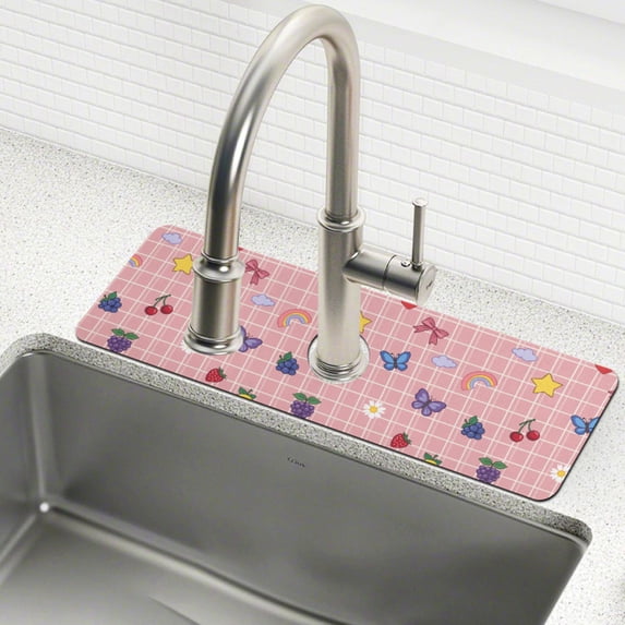 Yayeee Faucet Mat for Kitchen Sink 14.7" Diatomite Long Splash Guard Pad, Pink Plaid Fruit Pattern
