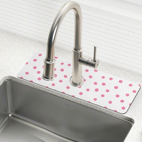 Yayeee Faucet Mat for Kitchen Sink 14.7" Diatomite Long Splash Guard Pad, Pink Polka Dots, 2 Pack