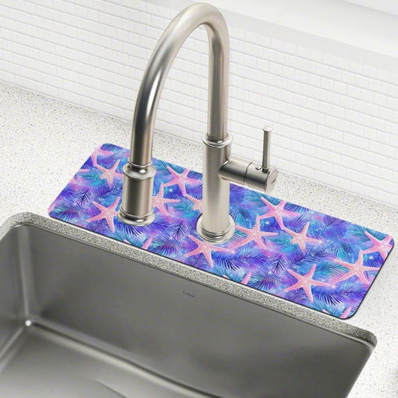 Yayeee Faucet Mat for Kitchen Sink 14.7" Diatomite Long Splash Guard Pad, Pink Starfish Pattern