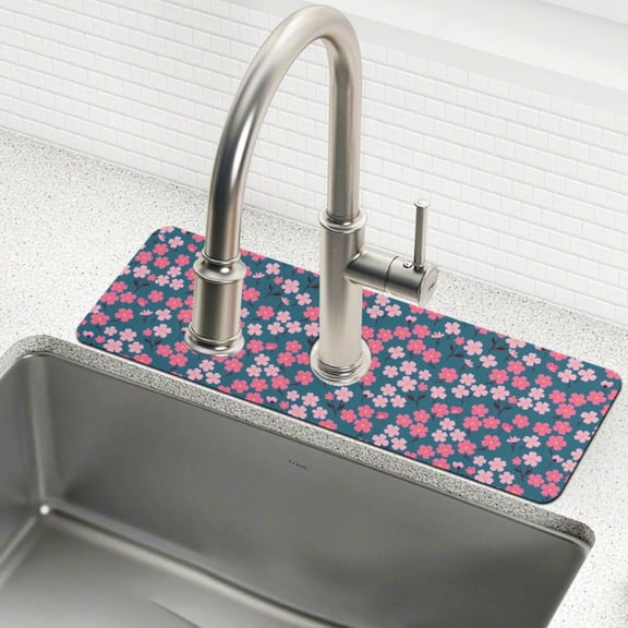 Yayeee Faucet Mat for Kitchen Sink 14.7" Diatomite Long Splash Guard Pad, Pink Vibrant Flowers Pattern