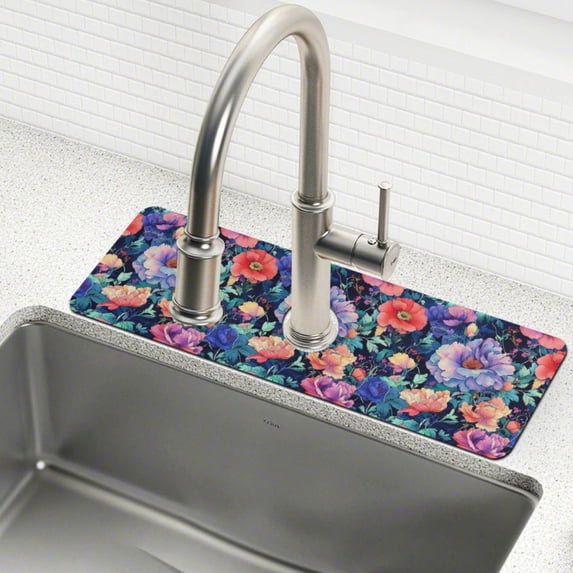 Yayeee Faucet Mat for Kitchen Sink 14.7" Diatomite Long Splash Guard Pad, Puprle Ethereal Floral Harmony, 2 Pack