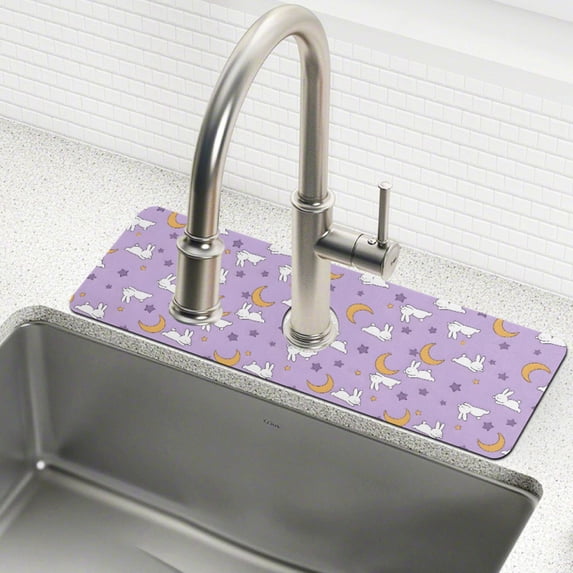 Yayeee Faucet Mat for Kitchen Sink 14.7" Diatomite Long Splash Guard Pad, Purple Cartoon Rabbit Pattern