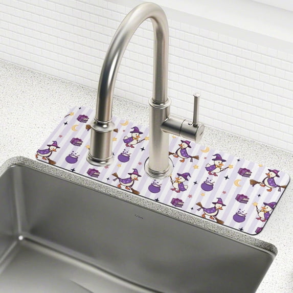 Yayeee Faucet Mat for Kitchen Sink 14.7" Diatomite Long Splash Guard Pad, Purple Halloween Gooses