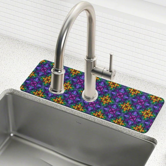 Yayeee Faucet Mat for Kitchen Sink 14.7" Diatomite Long Splash Guard Pad, Purple Stained Glass Pattern