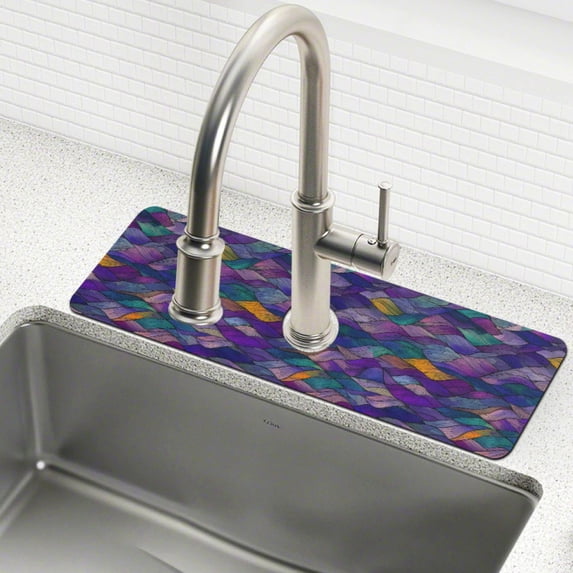 Yayeee Faucet Mat for Kitchen Sink 14.7" Diatomite Long Splash Guard Pad, Purple Waves Pattern, 2 Pack