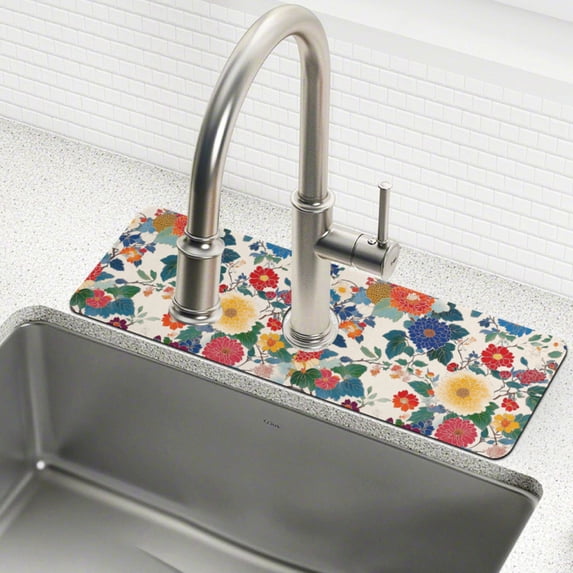 Yayeee Faucet Mat for Kitchen Sink 14.7" Diatomite Long Splash Guard Pad, Red Japanese Floral Pattern