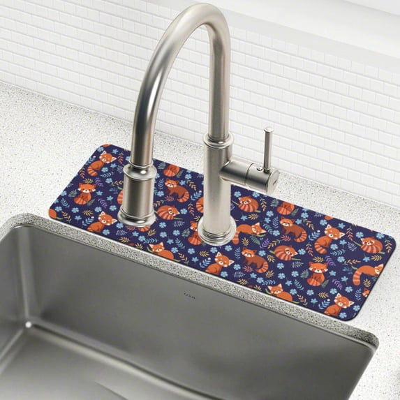 Yayeee Faucet Mat for Kitchen Sink 14.7" Diatomite Long Splash Guard Pad, Red Panda Pattern, 2 Pack