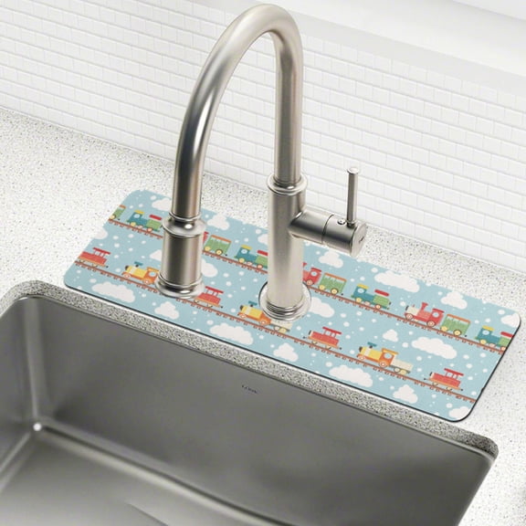 Yayeee Faucet Mat for Kitchen Sink 14.7" Diatomite Long Splash Guard Pad, Red Trains Pattern