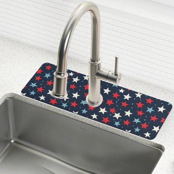 Yayeee Faucet Mat for Kitchen Sink 14.7" Diatomite Long Splash Guard Pad, Red White Stars