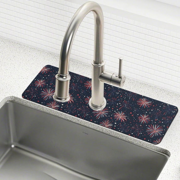Yayeee Faucet Mat for Kitchen Sink 14.7" Diatomite Long Splash Guard Pad, Red and White Fireworks Pattern, 2 Pack