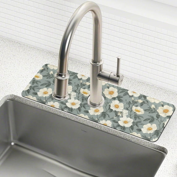 Yayeee Faucet Mat for Kitchen Sink 14.7" Diatomite Long Splash Guard Pad, Sage Green Flower Pattern