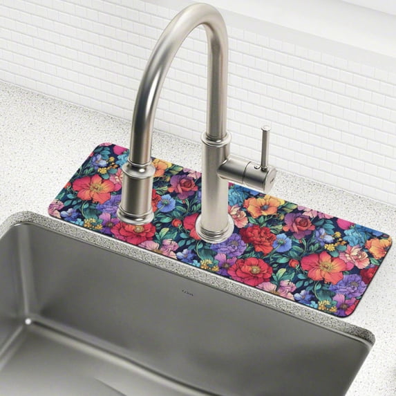 Yayeee Faucet Mat for Kitchen Sink 14.7" Diatomite Long Splash Guard Pad, Serene Floral Pattern, 2 Pack