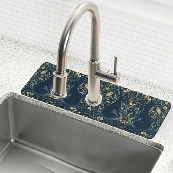 Yayeee Faucet Mat for Kitchen Sink 14.7" Diatomite Long Splash Guard Pad, Shadowy Forest Pattern