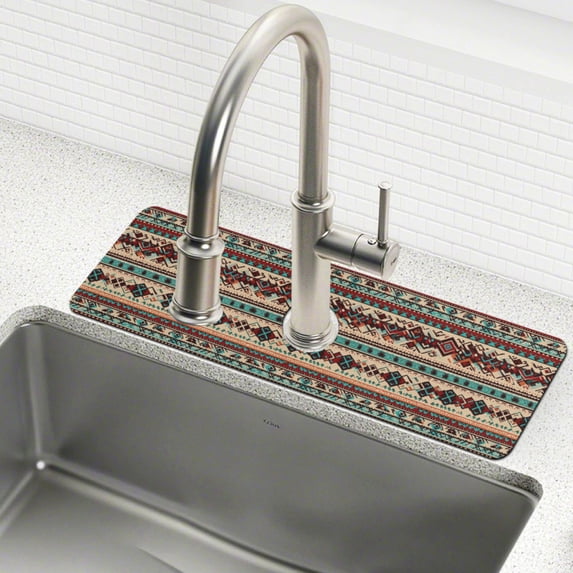 Yayeee Faucet Mat for Kitchen Sink 14.7" Diatomite Long Splash Guard Pad, Tribal Art