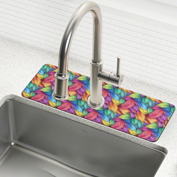 Yayeee Faucet Mat for Kitchen Sink 14.7" Diatomite Long Splash Guard Pad, Vibrant Leaves Pattern, 2 Pack