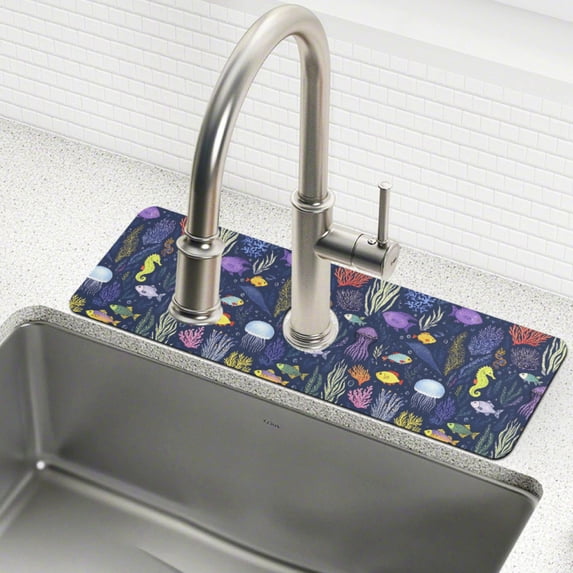 Yayeee Faucet Mat for Kitchen Sink 14.7" Diatomite Long Splash Guard Pad, Vibrant Ocean Pattern