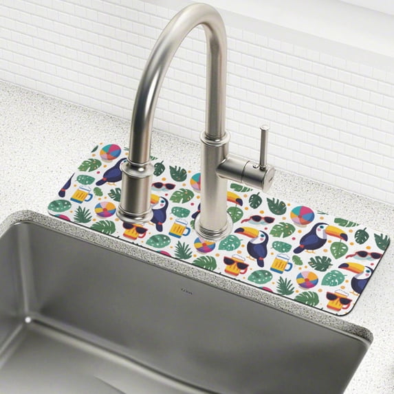 Yayeee Faucet Mat for Kitchen Sink 14.7" Diatomite Long Splash Guard Pad, Vibrant Toucans Pattern, 2 Pack