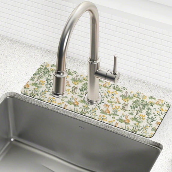 Yayeee Faucet Mat for Kitchen Sink 14.7" Diatomite Long Splash Guard Pad, Watercolor Animals Pattern