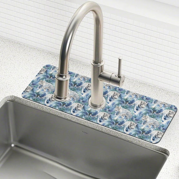 Yayeee Faucet Mat for Kitchen Sink 14.7" Diatomite Long Splash Guard Pad, White Tiger Pattern