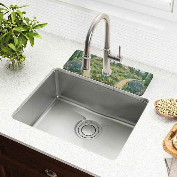Yayeee Faucet Mat for Kitchen Sink 14.7" Diatomite Long Splash Guard Pad, Art Garden Scene