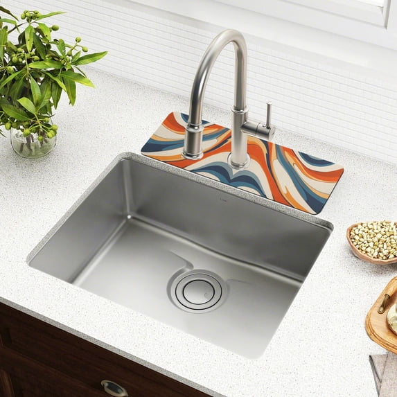 Yayeee Faucet Mat for Kitchen Sink 14.7" Diatomite Long Splash Guard Pad, Beige Abstract Wavy