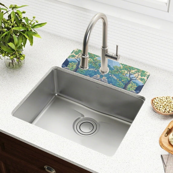 Yayeee Faucet Mat for Kitchen Sink 14.7" Diatomite Long Splash Guard Pad, Beige Tree