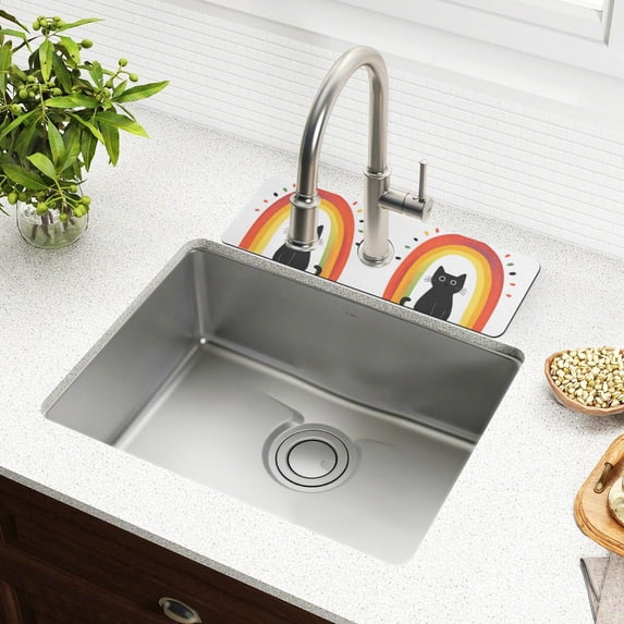 Yayeee Faucet Mat for Kitchen Sink 14.7" Diatomite Long Splash Guard Pad, Black Cat Rainbow