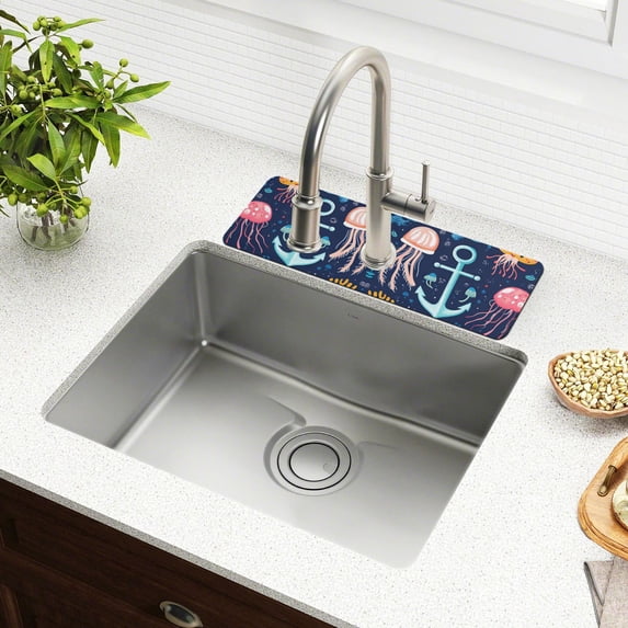 Yayeee Faucet Mat for Kitchen Sink 14.7" Diatomite Long Splash Guard Pad, Blue Anchor