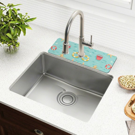 Yayeee Faucet Mat for Kitchen Sink 14.7" Diatomite Long Splash Guard Pad, Blue Beach Pattern