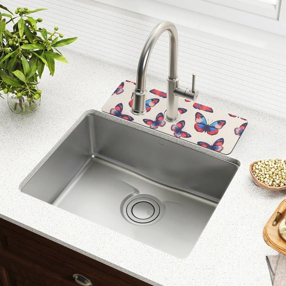 Yayeee Faucet Mat for Kitchen Sink 14.7" Diatomite Long Splash Guard Pad, Blue Butterflies