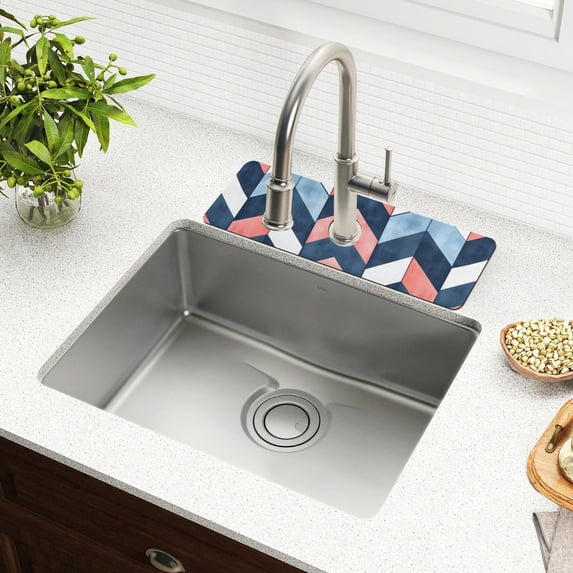Yayeee Faucet Mat for Kitchen Sink 14.7" Diatomite Long Splash Guard Pad, Blue Geometric