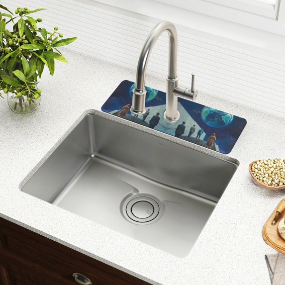 Yayeee Faucet Mat for Kitchen Sink 14.7" Diatomite Long Splash Guard Pad, Blue Planet