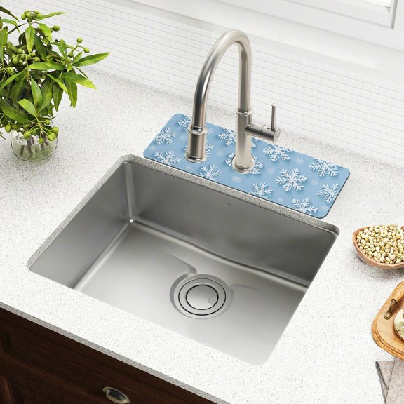 Yayeee Faucet Mat for Kitchen Sink 14.7" Diatomite Long Splash Guard Pad, Blue Snowflake