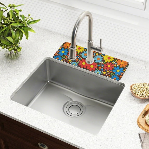 Yayeee Faucet Mat for Kitchen Sink 14.7" Diatomite Long Splash Guard Pad, Cartoon Flowers
