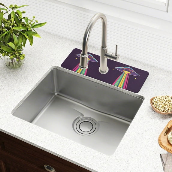 Yayeee Faucet Mat for Kitchen Sink 14.7" Diatomite Long Splash Guard Pad, Colorful UFO