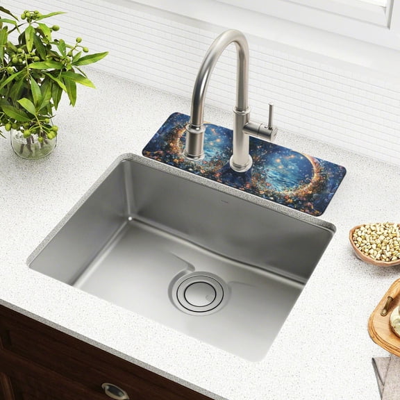 Yayeee Faucet Mat for Kitchen Sink 14.7" Diatomite Long Splash Guard Pad, Crystal Moon