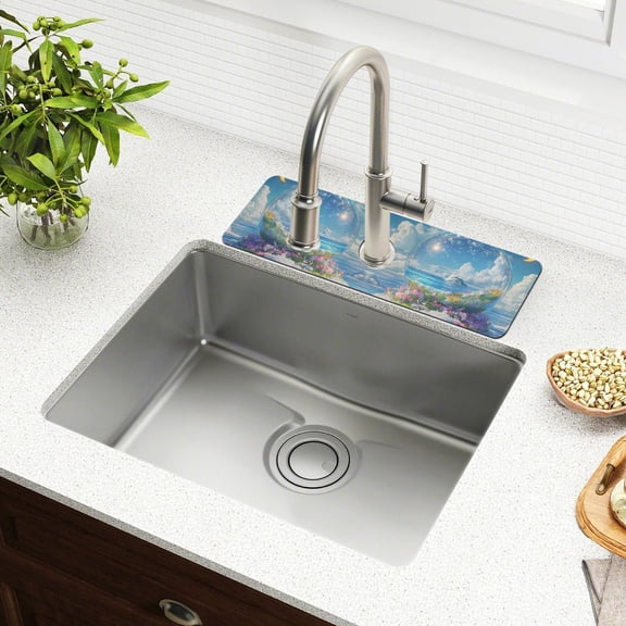 Yayeee Faucet Mat for Kitchen Sink 14.7" Diatomite Long Splash Guard Pad, Crystal Ocean