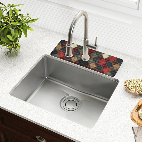 Yayeee Faucet Mat for Kitchen Sink 14.7" Diatomite Long Splash Guard Pad, Dark Tartan Pattern