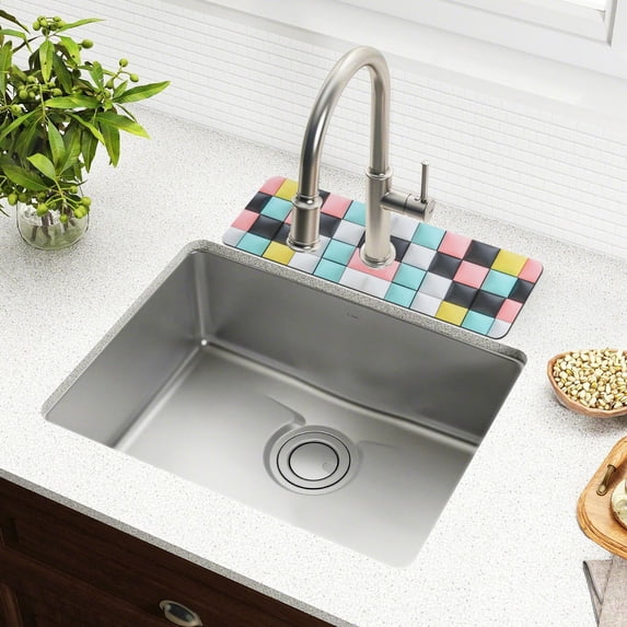 Yayeee Faucet Mat for Kitchen Sink 14.7" Diatomite Long Splash Guard Pad, Gray Checkered Pattern