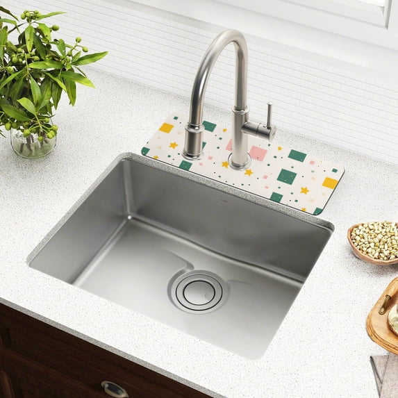 Yayeee Faucet Mat for Kitchen Sink 14.7" Diatomite Long Splash Guard Pad, Green Abstract Pattern
