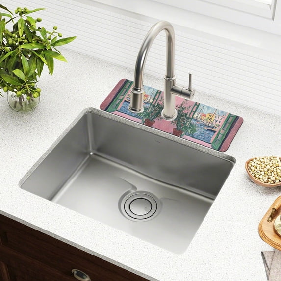 Yayeee Faucet Mat for Kitchen Sink 14.7" Diatomite Long Splash Guard Pad, Green Window Sea