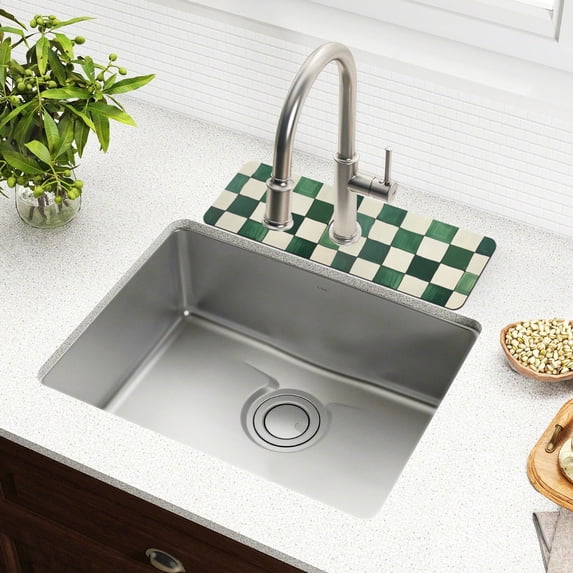 Yayeee Faucet Mat for Kitchen Sink 14.7" Diatomite Long Splash Guard Pad, Green and White Plaid Pattern