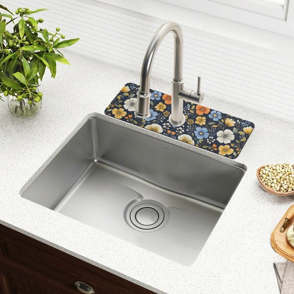 Yayeee Faucet Mat for Kitchen Sink 14.7" Diatomite Long Splash Guard Pad, Navy Floral Pattern