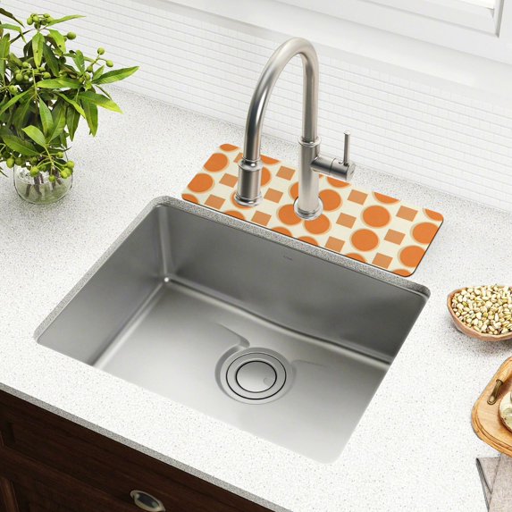 Yayeee Faucet Mat for Kitchen Sink 14.7" Diatomite Long Splash Guard Pad, Orange Geometric Pattern