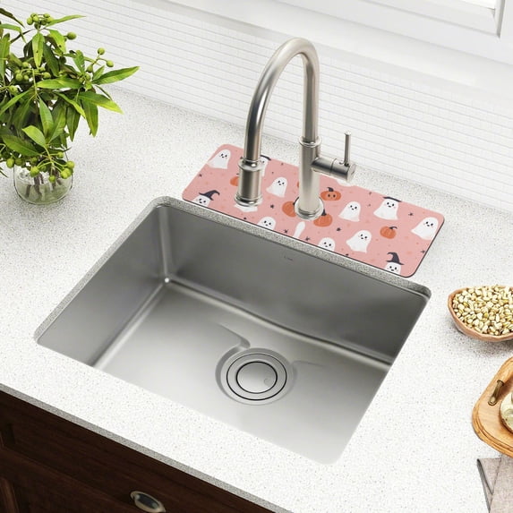 Yayeee Faucet Mat for Kitchen Sink 14.7" Diatomite Long Splash Guard Pad, Pink Cartoon Halloween