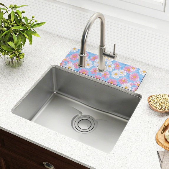 Yayeee Faucet Mat for Kitchen Sink 14.7" Diatomite Long Splash Guard Pad, Pink Daisy